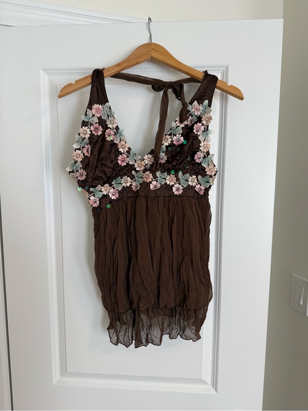 Y2K Brown Floral Appliqué Halter Tank Top